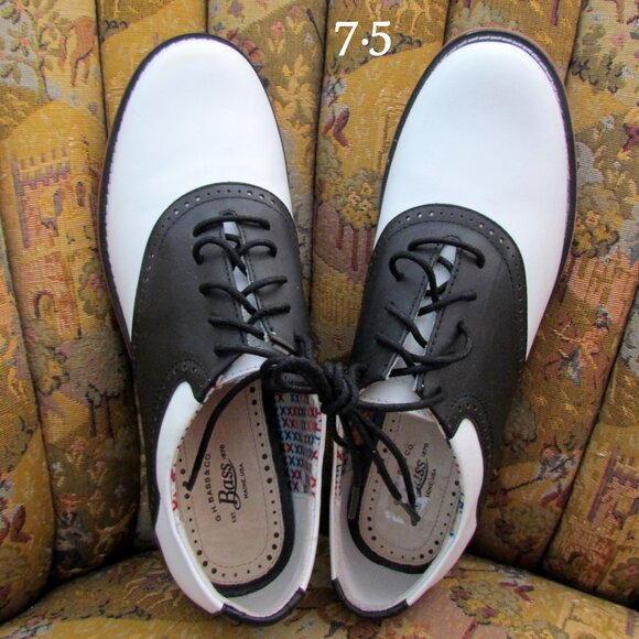 SADDLE SHOES, LEATHER, 7.5 WOMEN'S BLACK & WHITE by BASS, NWOT, FUN COSTUME! - Picture 1 of 9